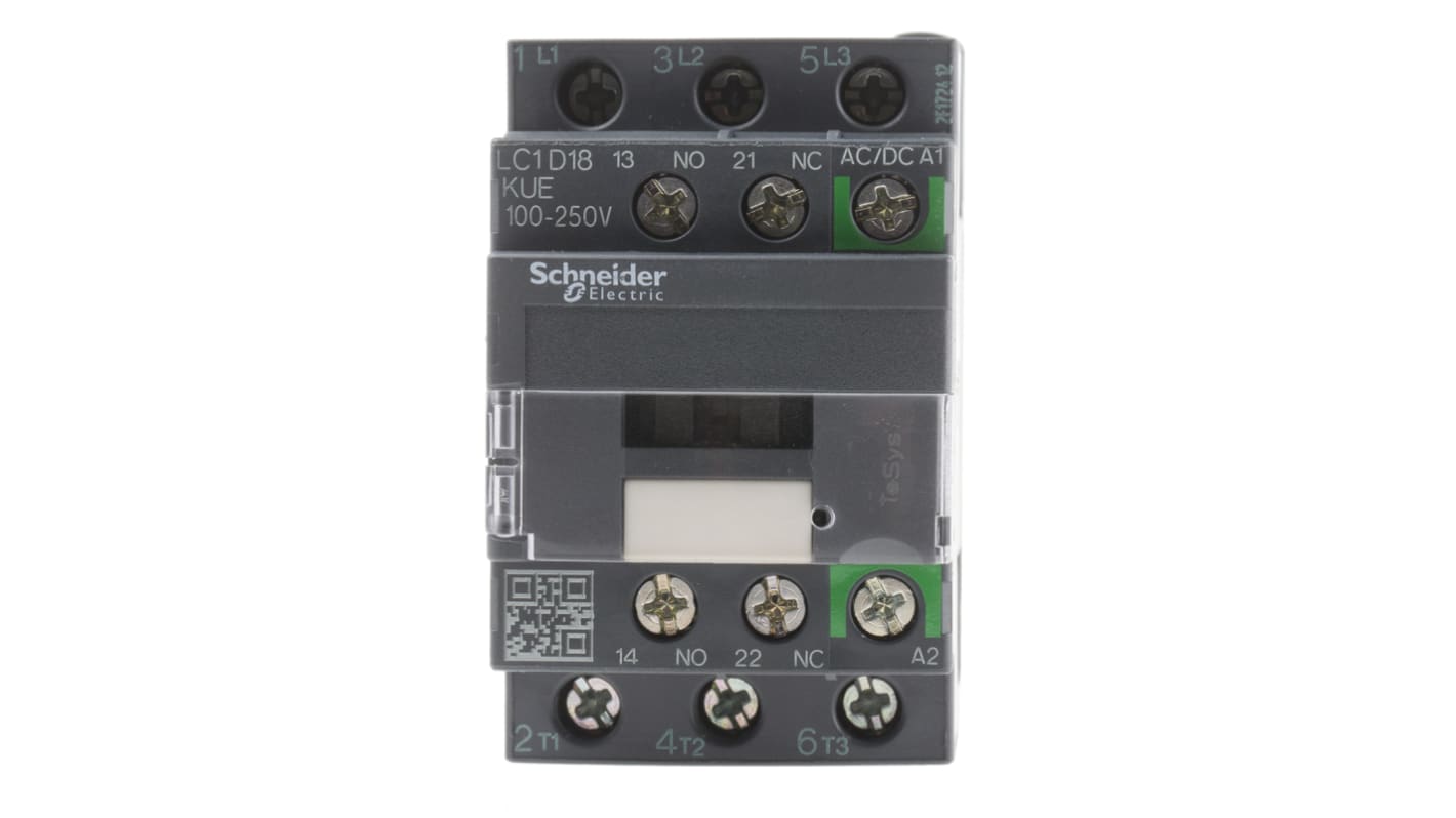 Contattore Schneider Electric LC1D18KUE, 3 poli, 3 NO, 18 A, montaggio su guida DIN, dimensioni 86x45x77 mm.