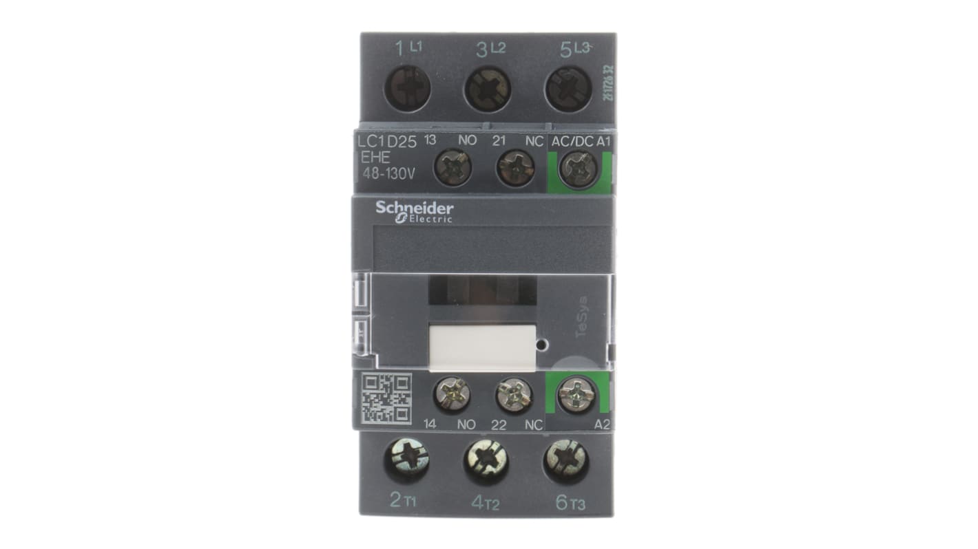 Contattore Schneider Electric LC1D25EHE, 3 poli, 25 A, montaggio su guida DIN, dimensioni 45x92x85 mm, per controllo motori.