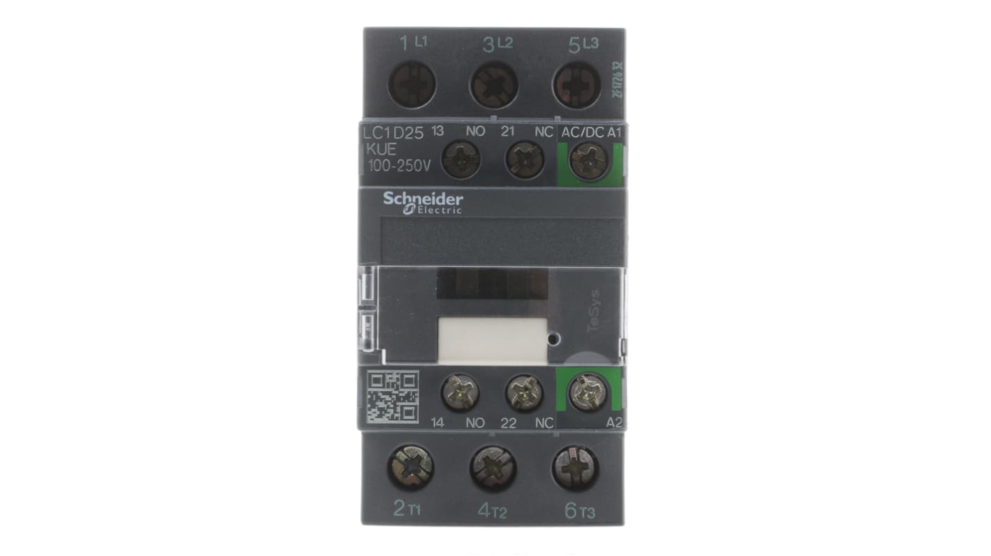 Contattore Schneider Electric LC1D25KUE, 3 poli, 25 A, 230 V ca, montaggio su guida DIN, dimensioni 45x92x85 mm, IP20.