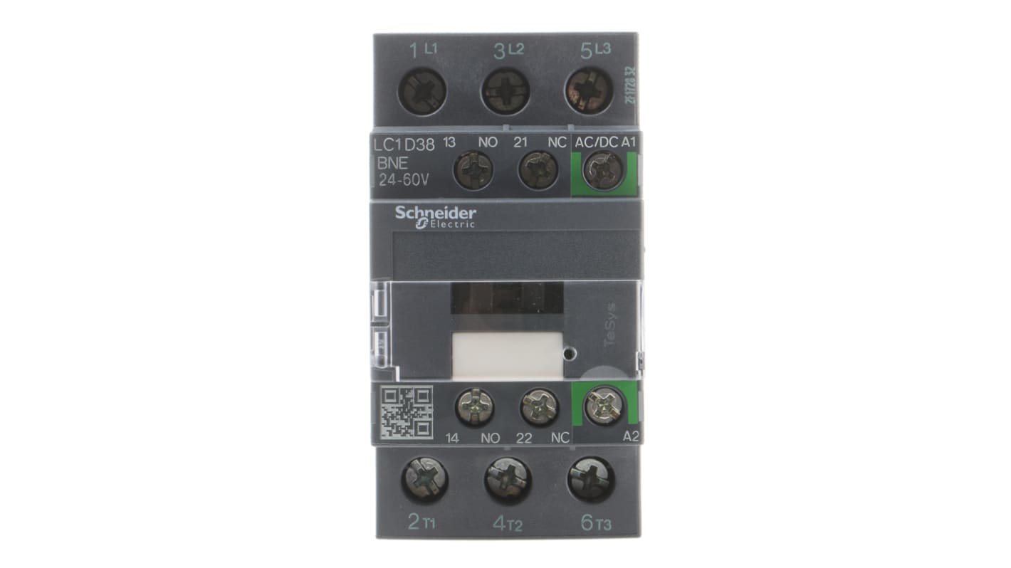 Contattore Schneider Electric LC1D38BNE, 3 poli, 3 NO, 38 A, montaggio su guida DIN, dimensioni 92x45x85 mm.