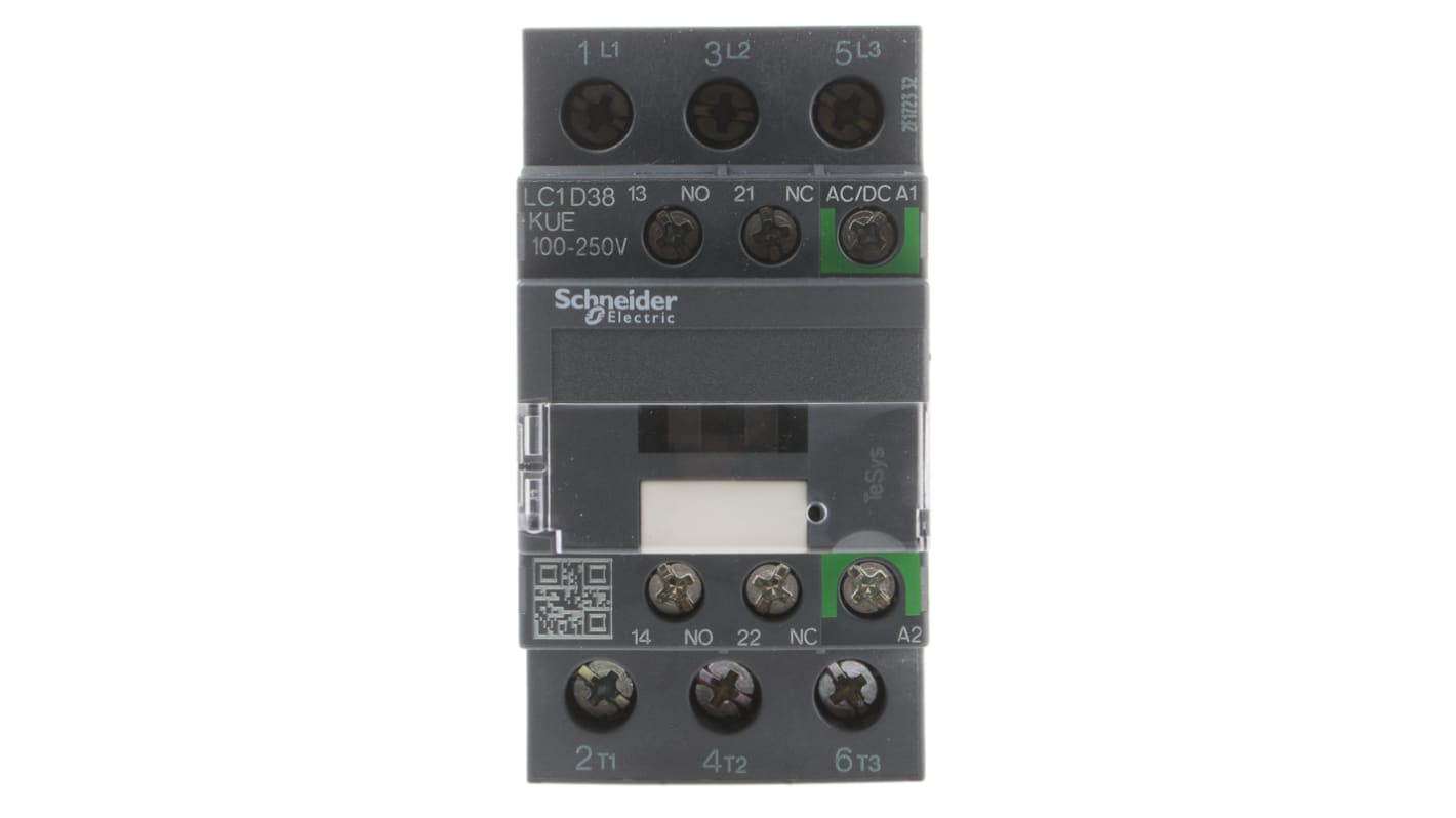 Contattore Schneider Electric LC1D38KUE, 3 poli, 3 NO, 38 A, montaggio su guida DIN, dimensioni 92x45x85 mm, IP20.