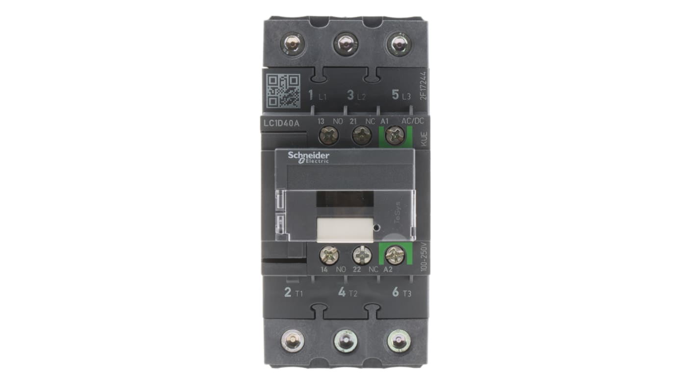 Contattore Schneider Electric LC1D40AKUE, 3 poli, 3 NO, 40 A, montaggio su guida DIN, dimensioni 55x120x122 mm.