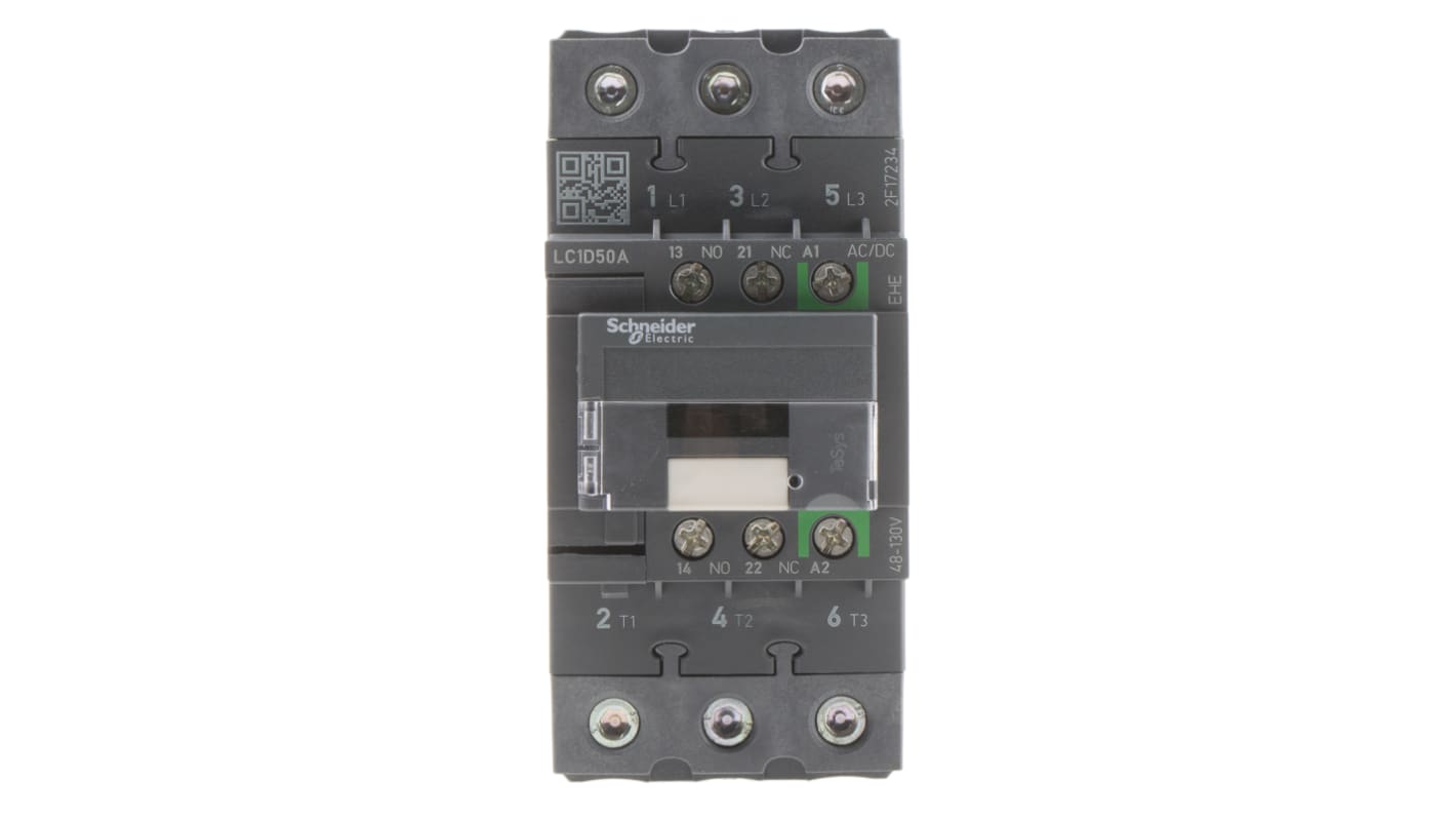 Contattore Schneider Electric LC1D50AEHE, 3 poli, 50 A, montaggio su guida DIN, dimensioni 55x120x122 mm, grado di protezione IP20.