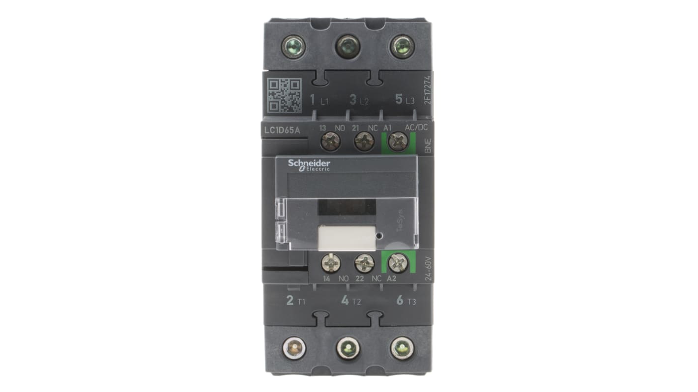 Contattore Schneider Electric LC1D65ABNE, 3 poli, 3 NO, 65 A, montaggio su guida DIN, dimensioni 55x120x122 mm, bobina 24 V.