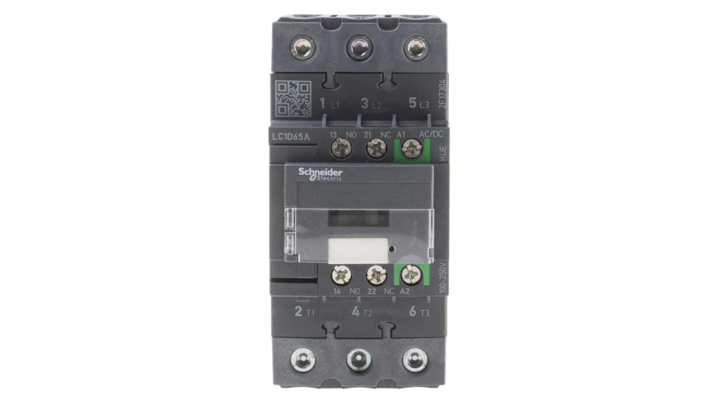 Contattore Schneider Electric LC1D65AKUE, 3 poli, 3 NO, 65 A, montaggio su guida DIN, dimensioni 120x55x122 mm, bobina 230 V.