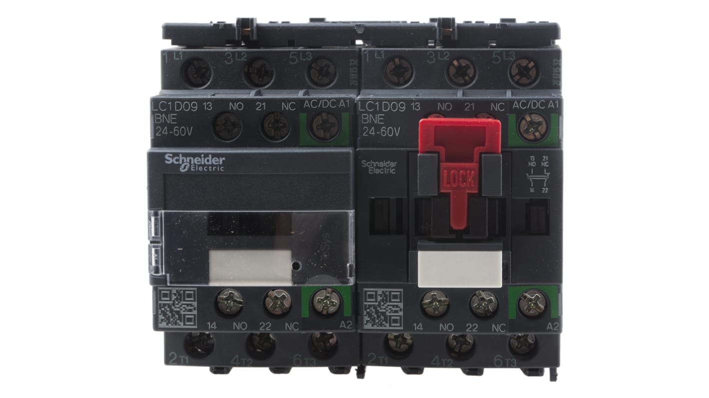 Teleinvertore reversibile Schneider Electric LC2D09BNE, 3 poli, 9 A, montaggio su guida DIN, dimensioni 90x86x77 mm.