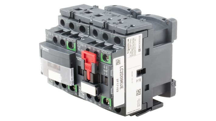 Contattore reversibile Schneider Electric LC2D09KUE, 3 poli, 9 A, montaggio su guida DIN, dimensioni 90x86x77 mm.