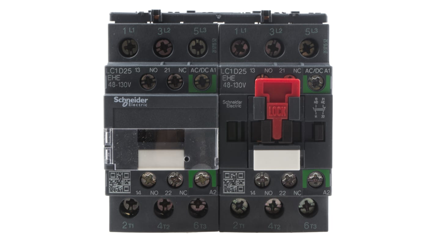 Teleinvertore reversibile Schneider Electric LC2D25EHE, 3 poli, 25 A, montaggio su guida DIN, dimensioni 90x92x85 mm.