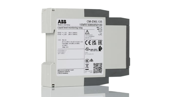 Relè di livello liquidi ABB 1SVR730850R2100, montaggio su guida DIN, alimentazione 110-240 V c.a., contatto SPDT, dimensioni 113.4 x 22.5 x 113.4 mm.