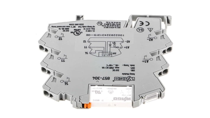 Relè d'interfaccia Wago 857304, 24V cc, montaggio su guida DIN, dimensioni 6 x 81 x 94 mm, LED giallo integrato.