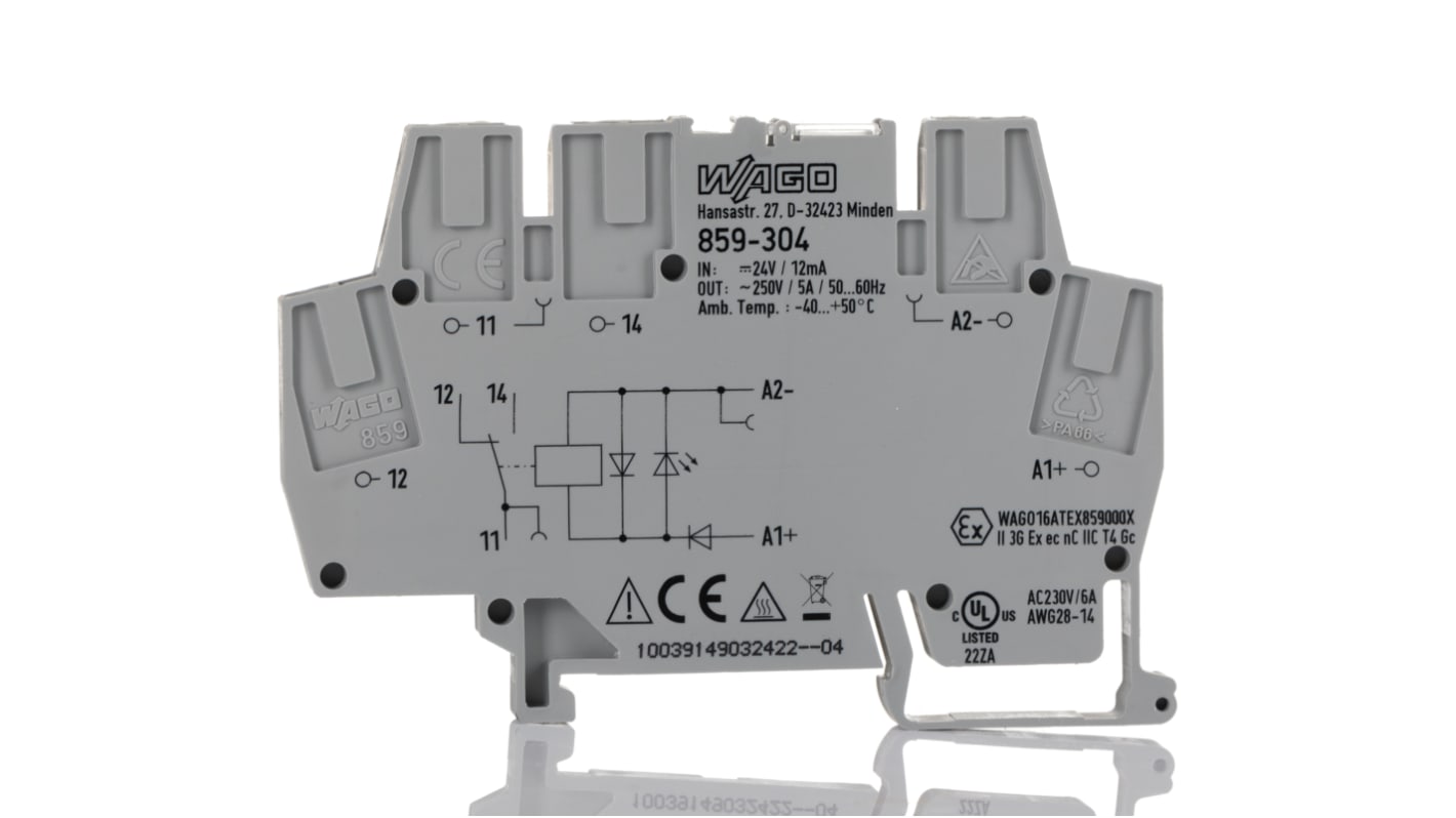 Relè d'interfaccia Wago 859304, bobina 24V cc, montaggio su guida DIN, dimensioni 6 x 56 x 91 mm, indicatori LED.