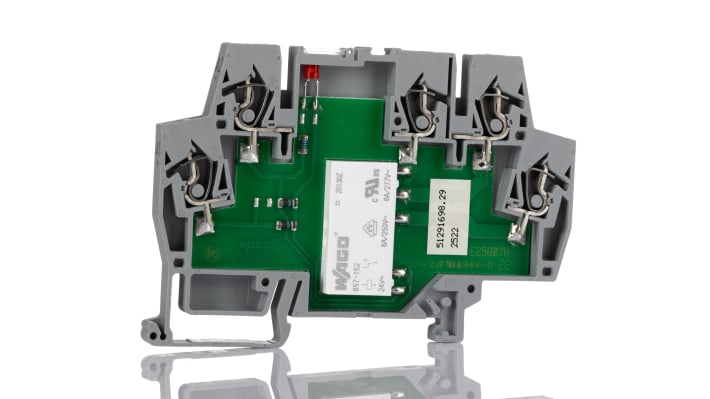 Relè d'interfaccia Wago 859304, bobina 24V cc, montaggio su guida DIN, dimensioni 6 x 56 x 91 mm, indicatori LED.