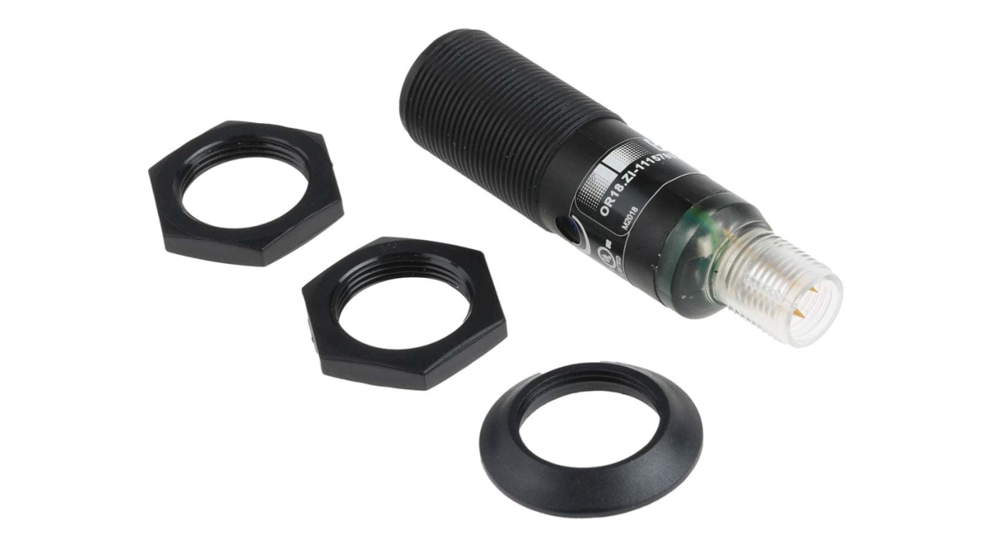 Sensore fotoelettrico cilindrico Baumer OR18.ZI-PW1P.71O/B005, rilevamento fino a 800 mm, uscita PNP, IP67, temperatura -25/+55 °C.