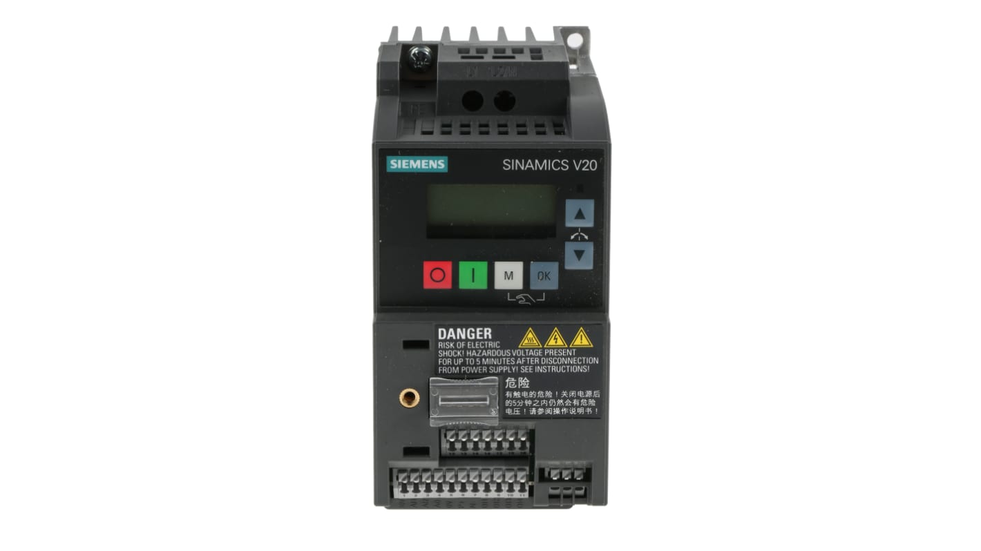 Inverter monofase Siemens 6SL3210-5BB17-5UV1, potenza 0,75 W, montaggio a parete, dimensioni 68 x 127,8 x 142 mm.