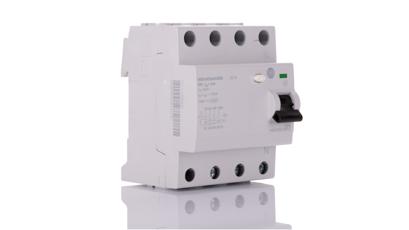 Interruttore RCD Allen Bradley 1492-RCDA4C63S, 3P+N, 63A, 300mA, montaggio su guida DIN, dimensioni 70 x 88 x 75 mm.