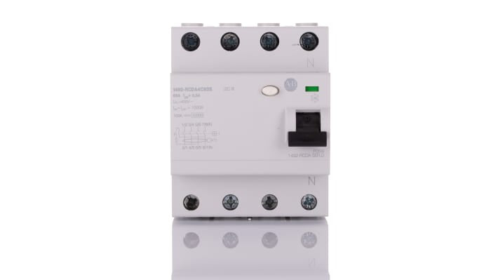 Interruttore RCD Allen Bradley 1492-RCDA4C63S, 3P+N, 63A, 300mA, montaggio su guida DIN, dimensioni 70 x 88 x 75 mm.