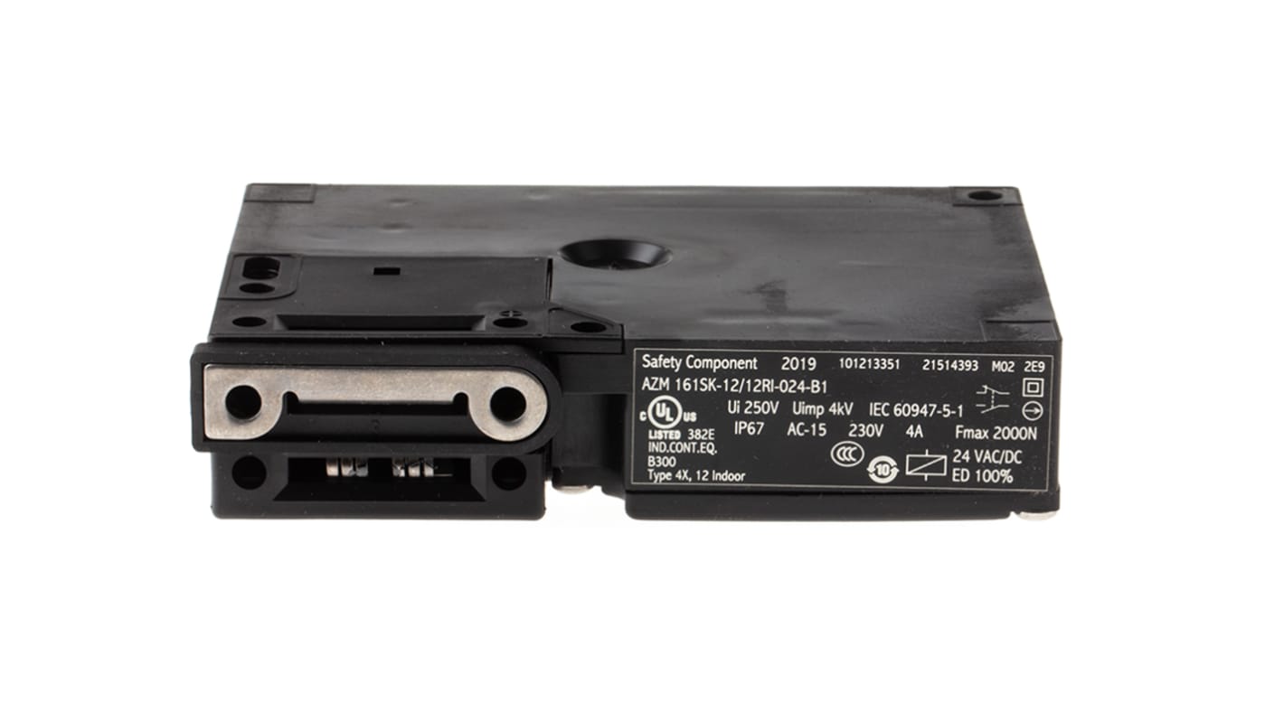 Interruttore di interblocco a solenoide Schmersal AZM161SK-12/12RI-024-B1, 24V, IP67, dimensioni 130x90x30 mm.