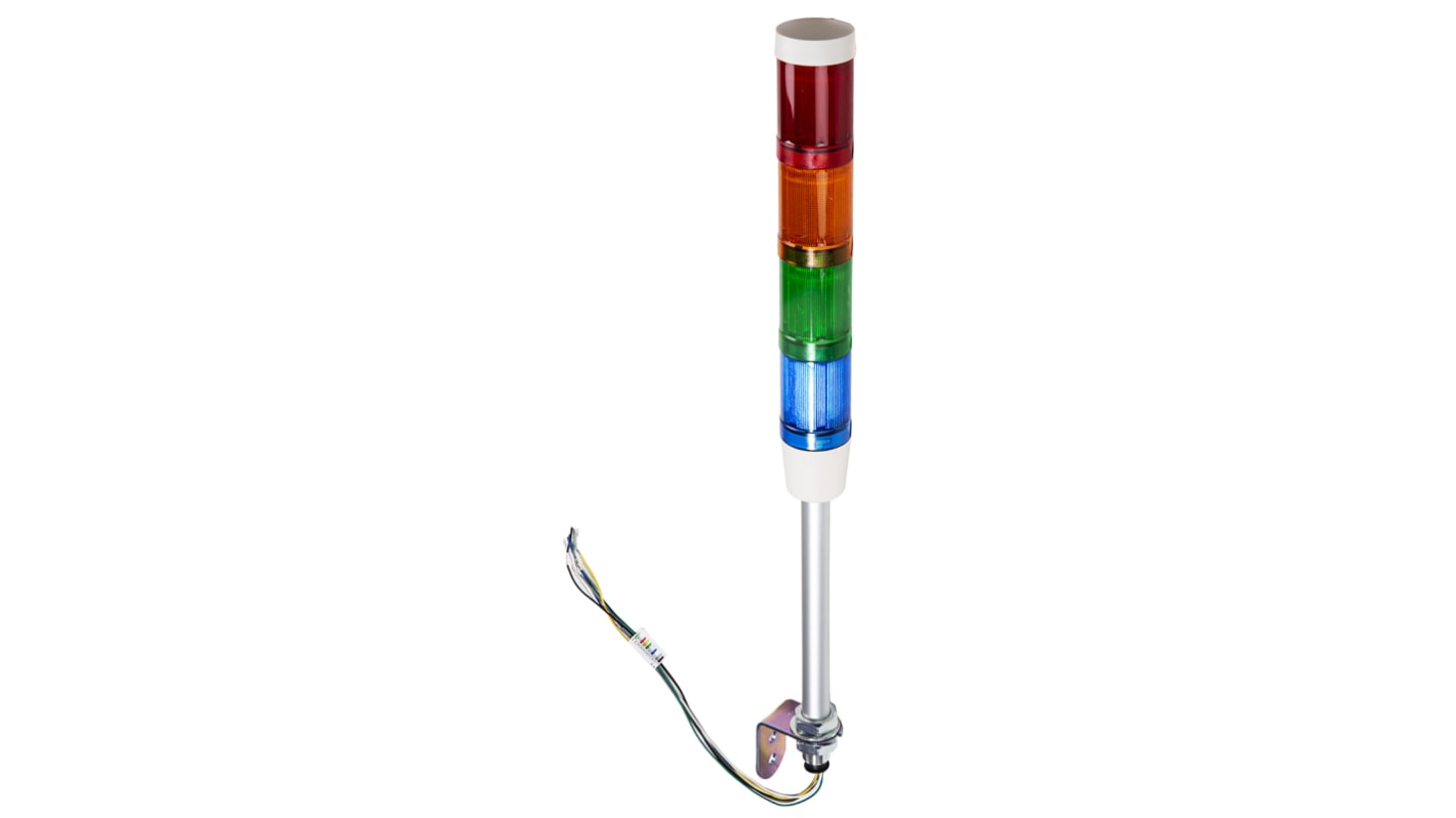 Torretta di segnalazione LED Schneider Electric XVMB2RAGBSSB, 4 luci (Rosso/Verde/Ambra/Blu), montaggio su base, altezza 578 mm, grado di protezione IP42.