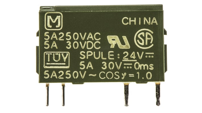 Relè monostabile SPST Panasonic PA1A24, 24V cc, montaggio su PCB, dimensioni 12,8 x 5 x 21 mm, corrente 5A.