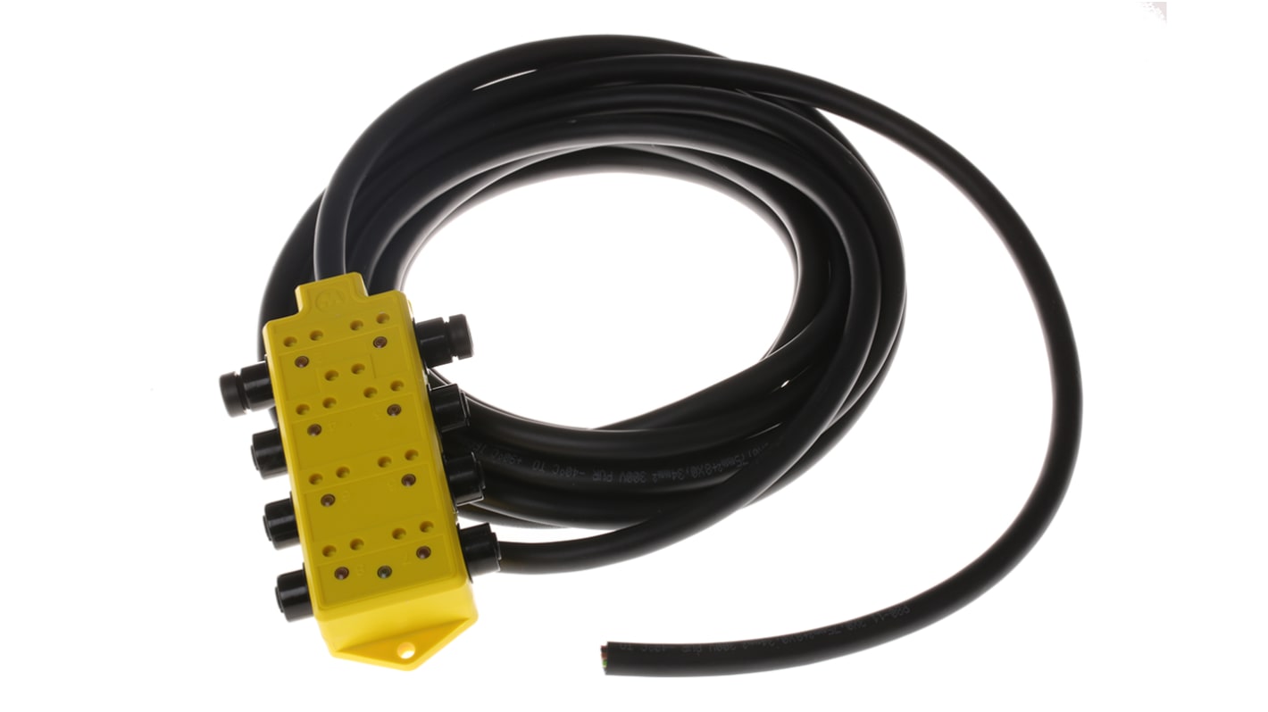 Scatola sensore multipla Brad from Molex 1201150009, 4 o 8 porte M12, cavo 5 m, IP 68, LED indicazione potenza e segnale.