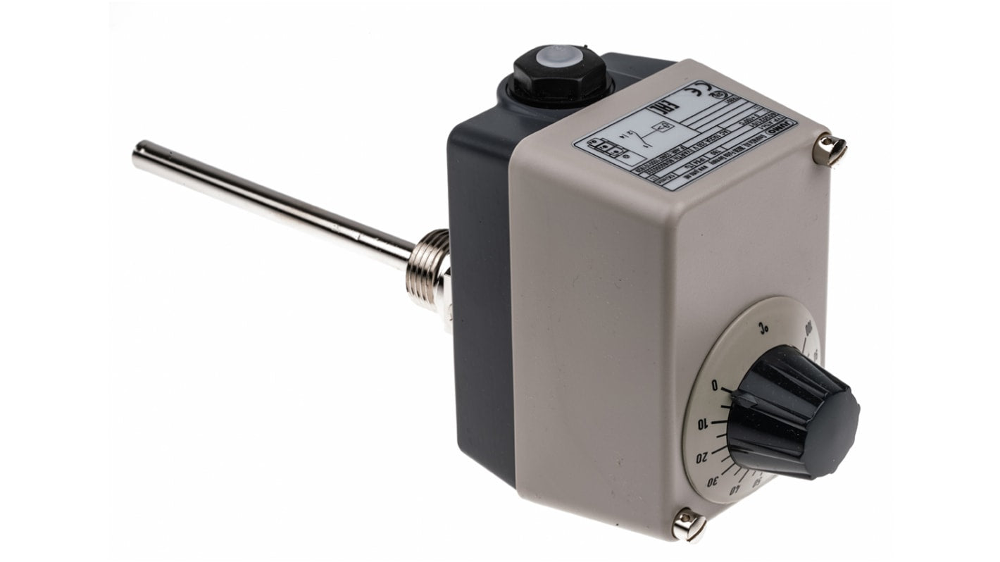 Termostato capillare Jumo, configurazione NO/NC, portata 10A, tensione 230V, montaggio superficiale, temperatura 0-100°C.