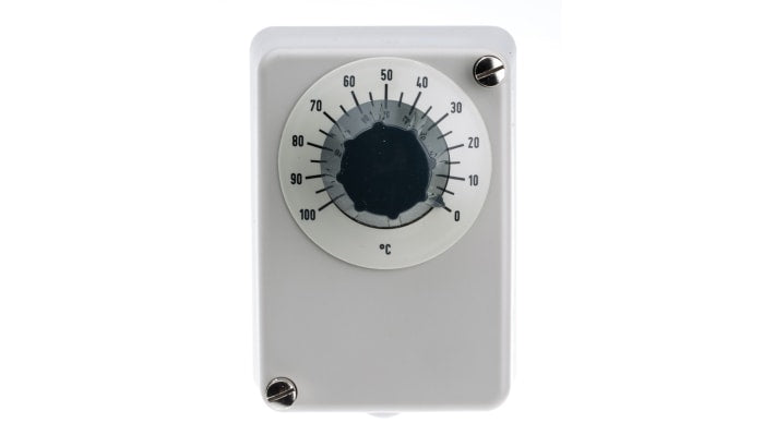 Termostato capillare Jumo, configurazione NO/NC, portata 10A, tensione 230V, montaggio superficiale, temperatura 0-100°C.