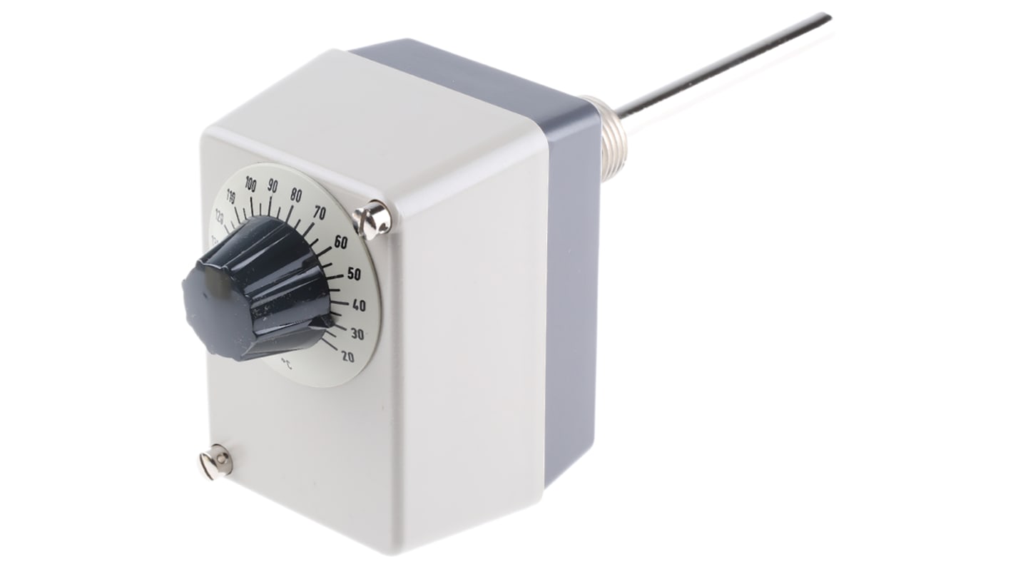 Termostato capillare Jumo, montaggio superficiale, temperatura operativa +20°C/+150°C, contatto 10A, IP54.