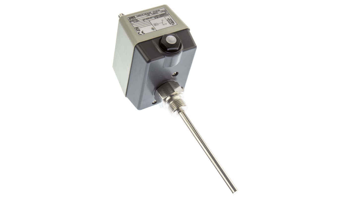 Termostato capillare Jumo 603021/02-1-025-30-0-00-20-13-46-120-8-6/000, montaggio superficiale, temperatura 0-100°C, contatto 10A, IP54.