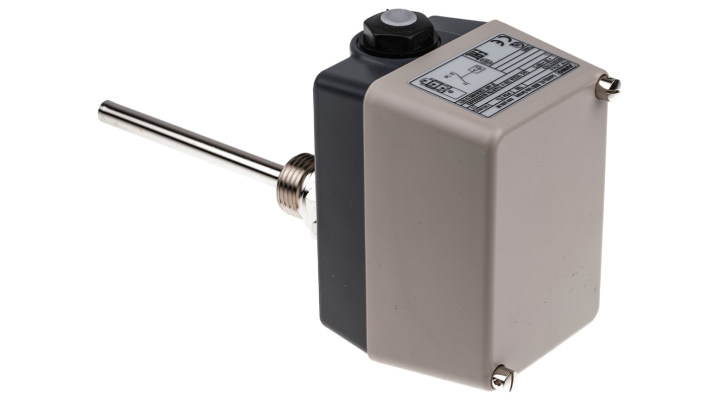 Termostato capillare Jumo, montaggio superficiale, temperatura operativa +20°C/+150°C, contatto 1xSPDT, grado di protezione IP54.