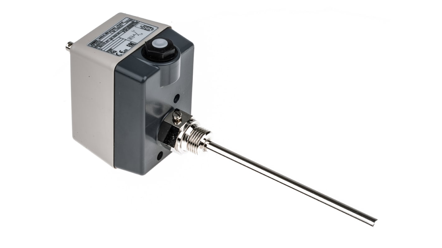 Termostato capillare Jumo, tipo SPST, per limitazione temperatura, montaggio superficiale, intervallo +30°C a +150°C, connessione G1/2.