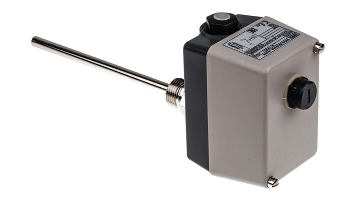 Termostato capillare Jumo, tipo SPST, per limitazione temperatura, montaggio superficiale, intervallo +30°C a +150°C, connessione G1/2.