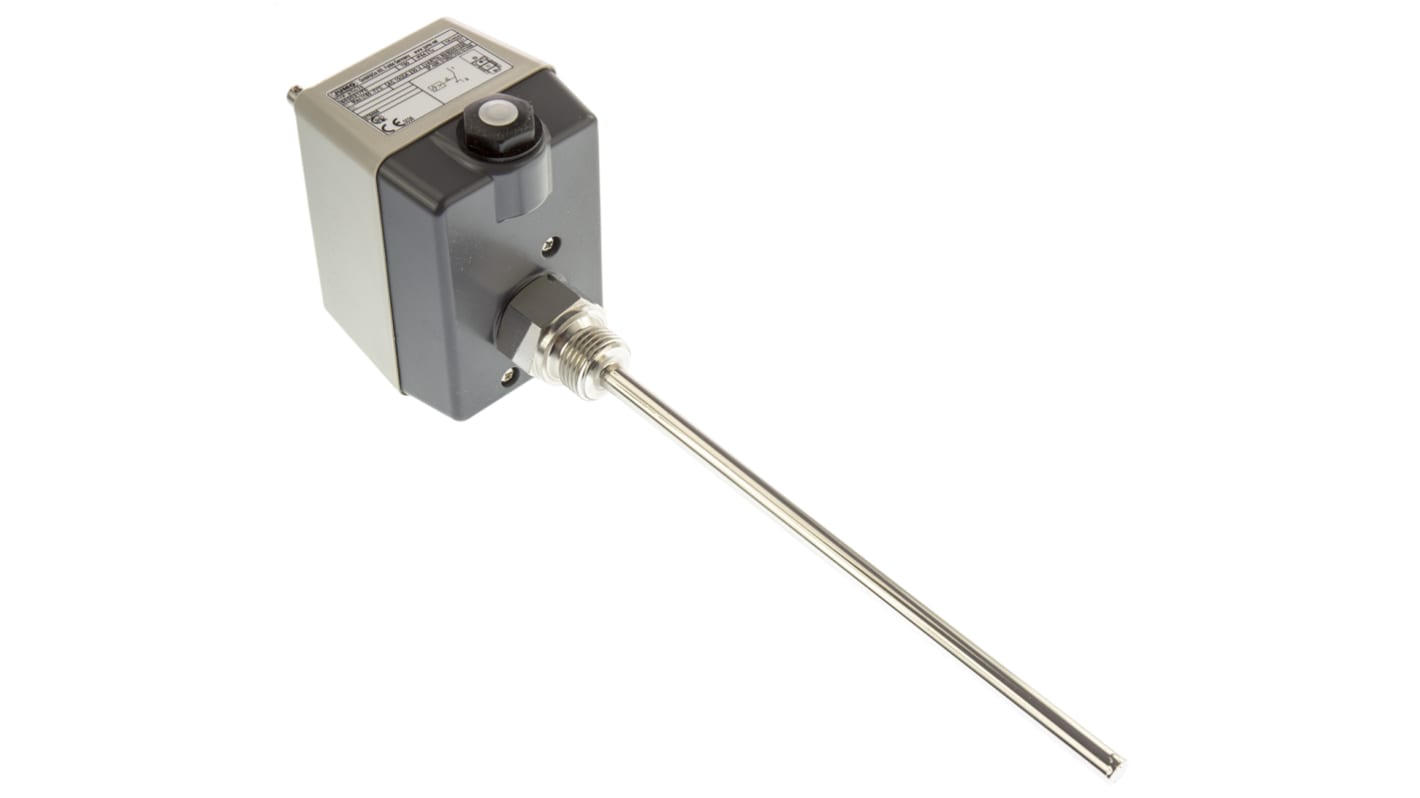 Termostato capillare Jumo per limitazione temperatura, corrente 10 A, tensione 230 V, montaggio superficiale, gambo 8 x 150 mm.