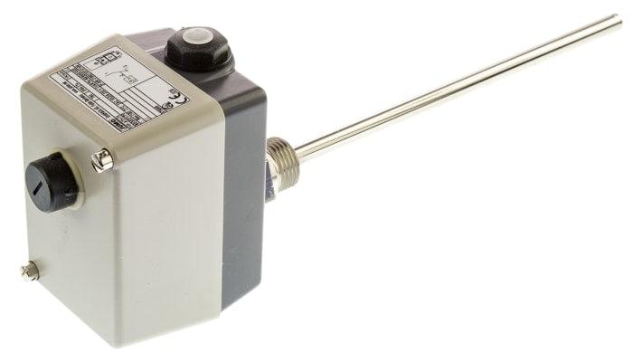 Termostato capillare Jumo per limitazione temperatura, corrente 10 A, tensione 230 V, montaggio superficiale, gambo 8 x 150 mm.