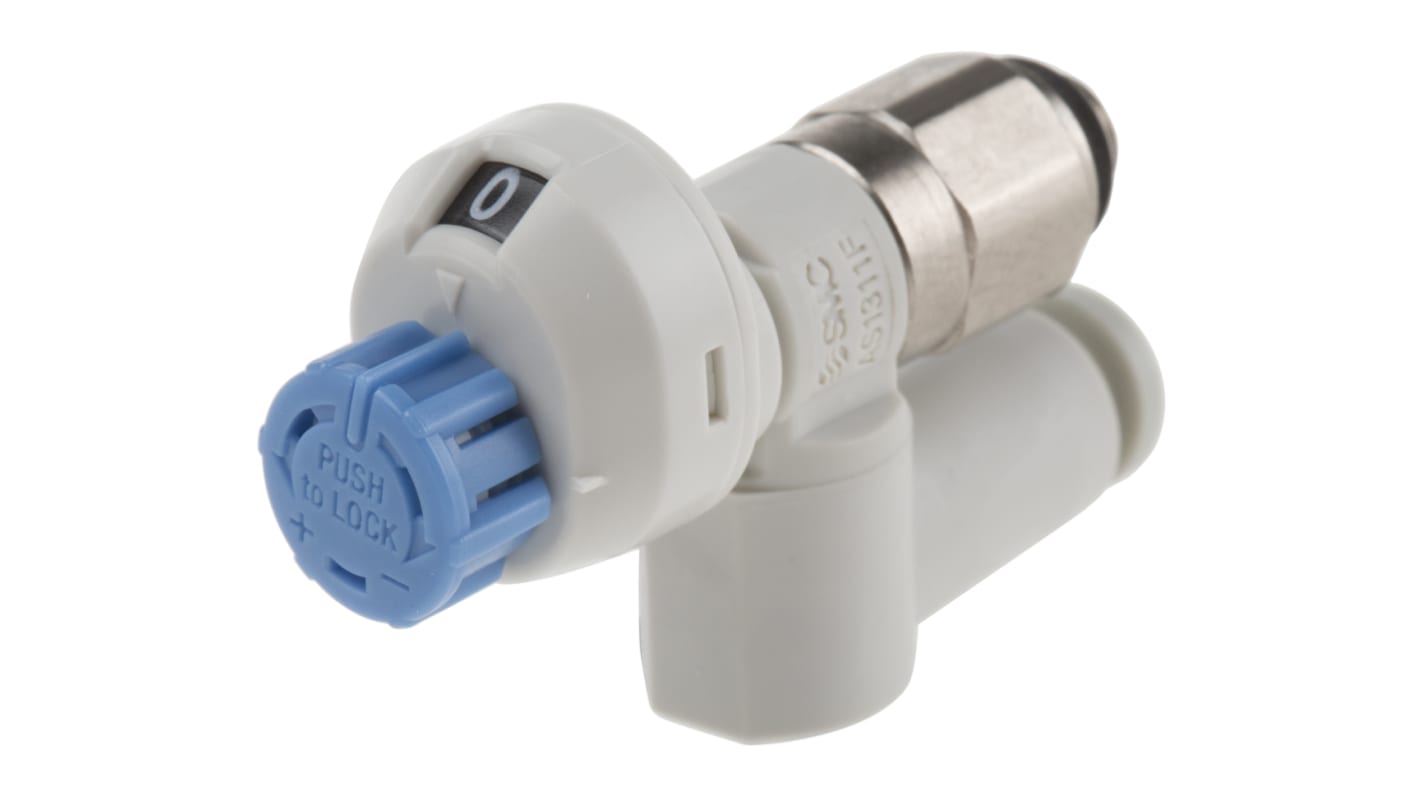 Regolatore di flusso SMC AS1311FS1-M5-04, montaggio a pannello, flusso massimo 90 L/min, temperatura operativa -5/+60 °C.