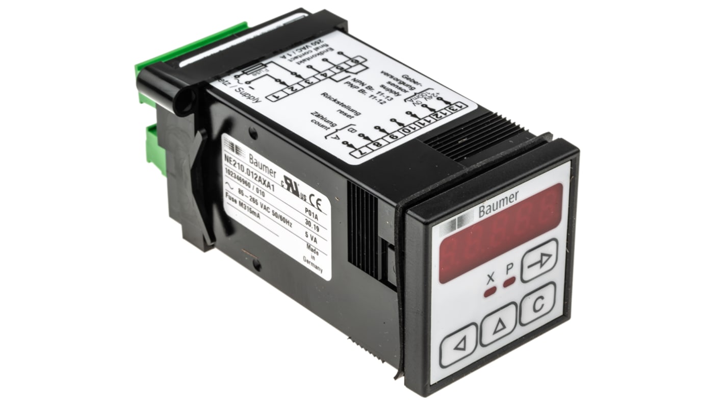 Contatore LED Baumer NE210.012AXA1, 5 cifre, montaggio a pannello, ingresso logico, IP65, alimentazione 115-230 V.