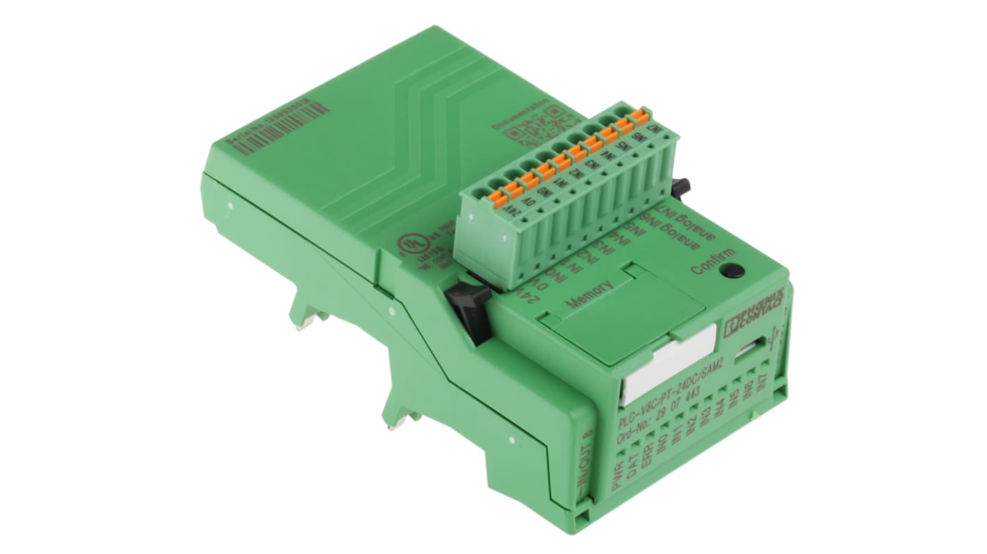 Modulo logico Phoenix Contact 2907443, PLC-V8C/PT-24DC/SAM2, 16 I/O, dimensioni 50 x 87 x 111 mm, orologio integrato.