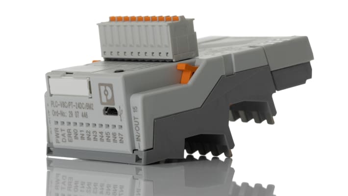 Phoenix Contact 2907446, controller PLC-V8C, 16 I/O, 24 V c.c., montaggio a innesto, dimensioni 50 x 48,5 x 82,5 mm.