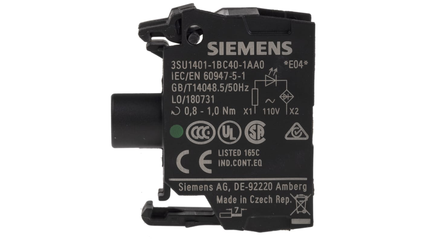 Modulo LED verde Siemens 3SU1401-1BC40-1AA0, 110V ca, terminale a vite, montaggio su piastra frontale. Certificato CE e CCC, ideale per comandi elettrici.