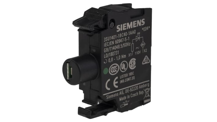 Modulo LED verde Siemens 3SU1401-1BC40-1AA0, 110V ca, terminale a vite, montaggio su piastra frontale. Certificato CE e CCC, ideale per comandi elettrici.