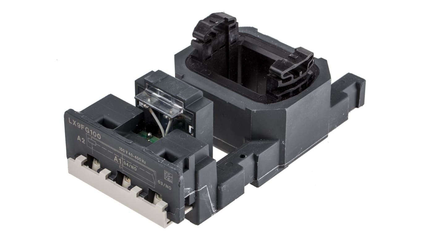 Bobina contattore Schneider Electric LX9FG100 per LC1F185 e LC1F225, 100 V c.a., 40-400 Hz, basso consumo energetico.