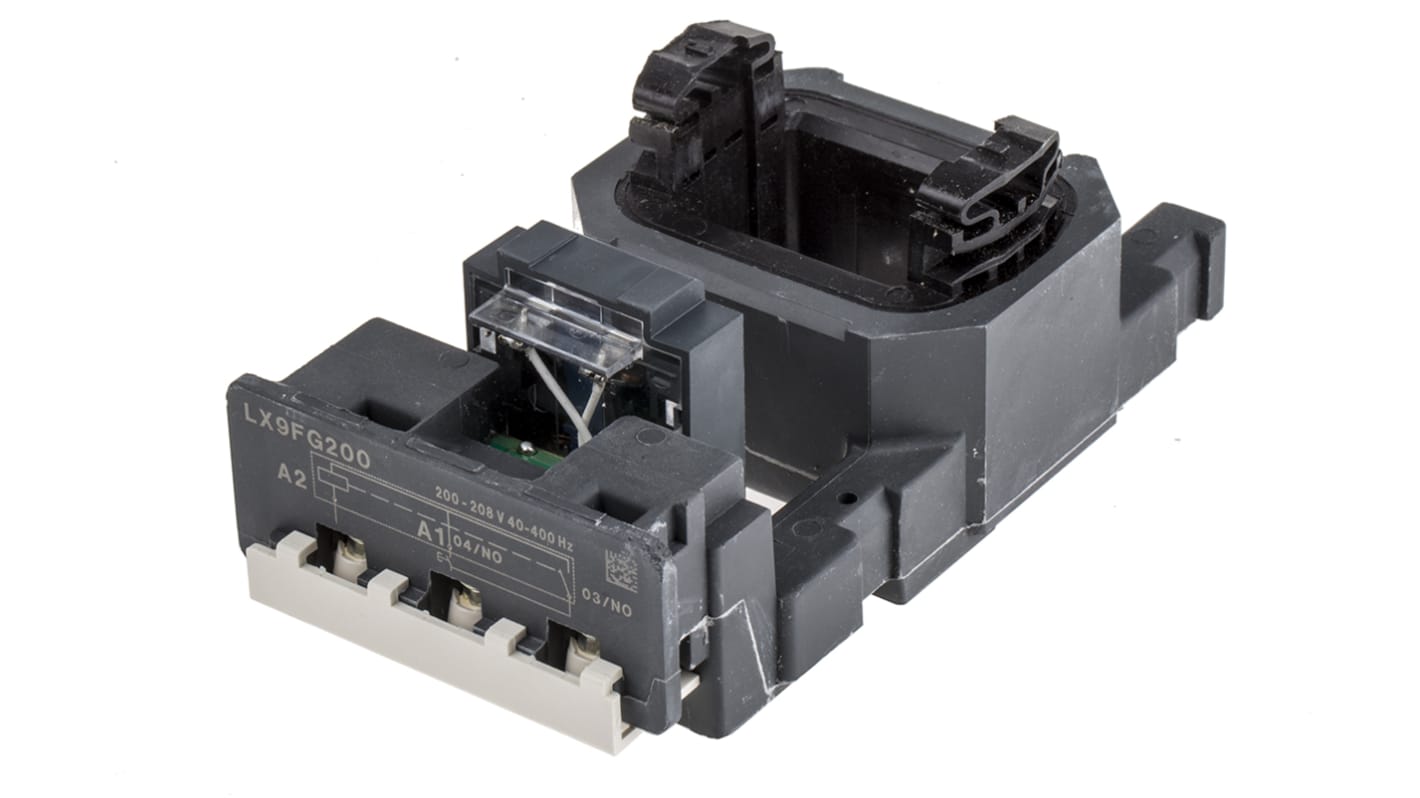 Bobina contattore Schneider Electric LX9FG200 per LC1F185 e LC1F225, tensione 200 V ca, frequenza 40-400 Hz.