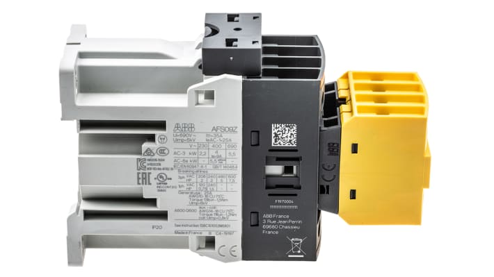 Contattore ABB Jokab 1SBL136082R3022 AFS 3 poli, 3 NO, 25 A, bobina 24 V c.c., dimensioni 45x80x110,5 mm.