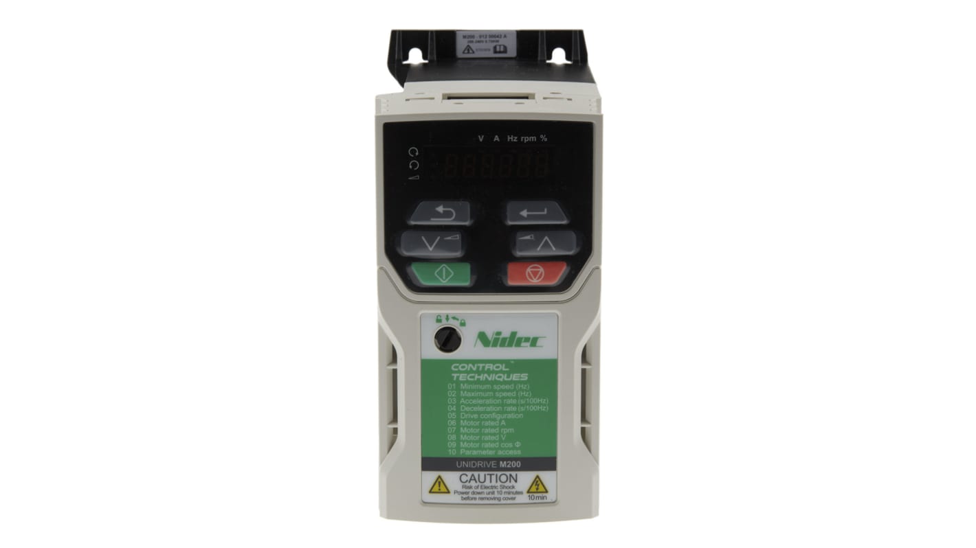 Inverter monofase Control Techniques M200-01200042, potenza 0,75 W, montaggio a pannello, dimensioni 75x130x160 mm.