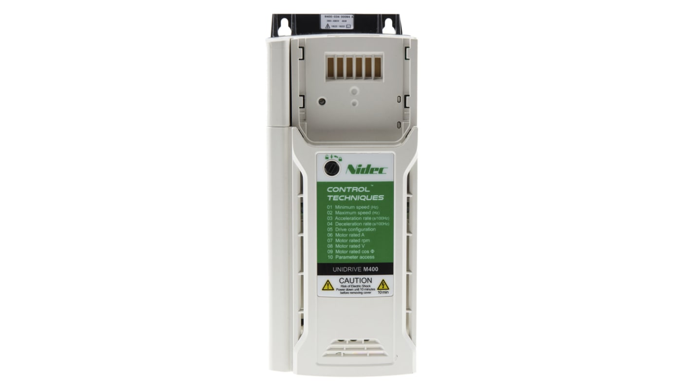 Control Techniques M400-01200033, inverter 0,55 kW 1 fase, montaggio a pannello, dimensioni 160x75x130 mm, grado di protezione IP20.