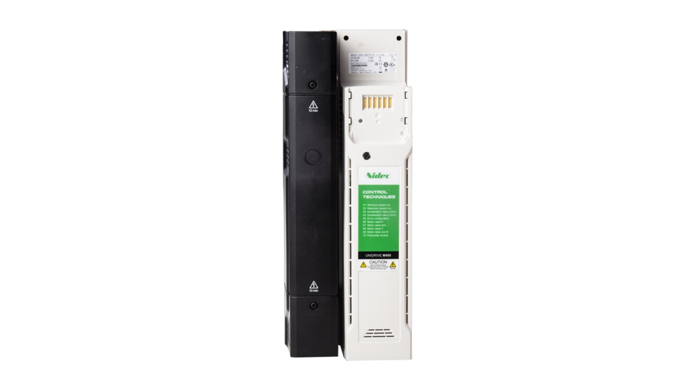 Inverter trifase Control Techniques M400-05400270, potenza 11 kW, montaggio a pannello, dimensioni 391x143x192 mm.