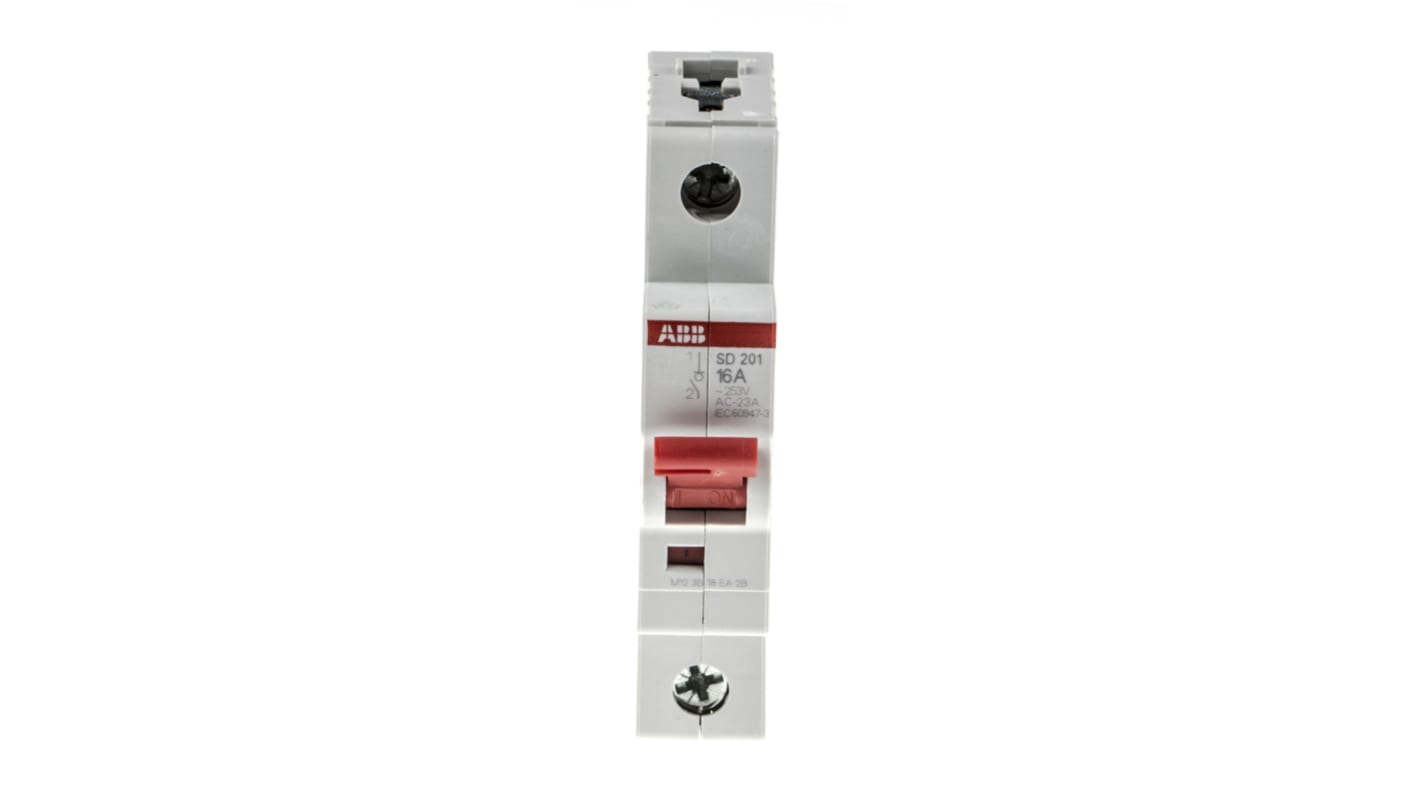 Interruttore di isolamento ABB SD201, unipolare, 16A, 60V DC/255V AC, montaggio su guida DIN, dimensioni 17.5mm x 69mm x 88mm.