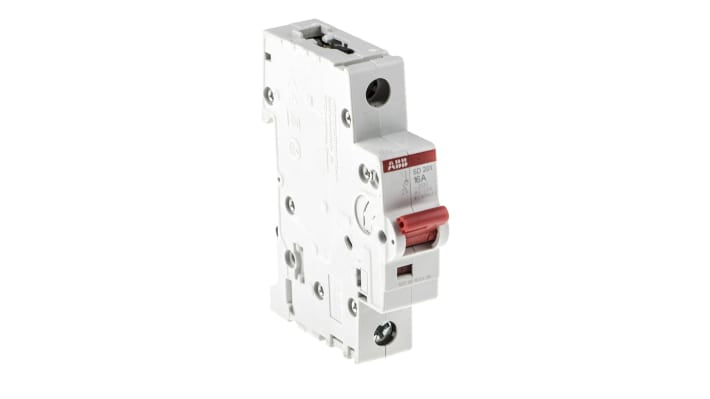 Interruttore di isolamento ABB SD201, unipolare, 16A, 60V DC/255V AC, montaggio su guida DIN, dimensioni 17.5mm x 69mm x 88mm.