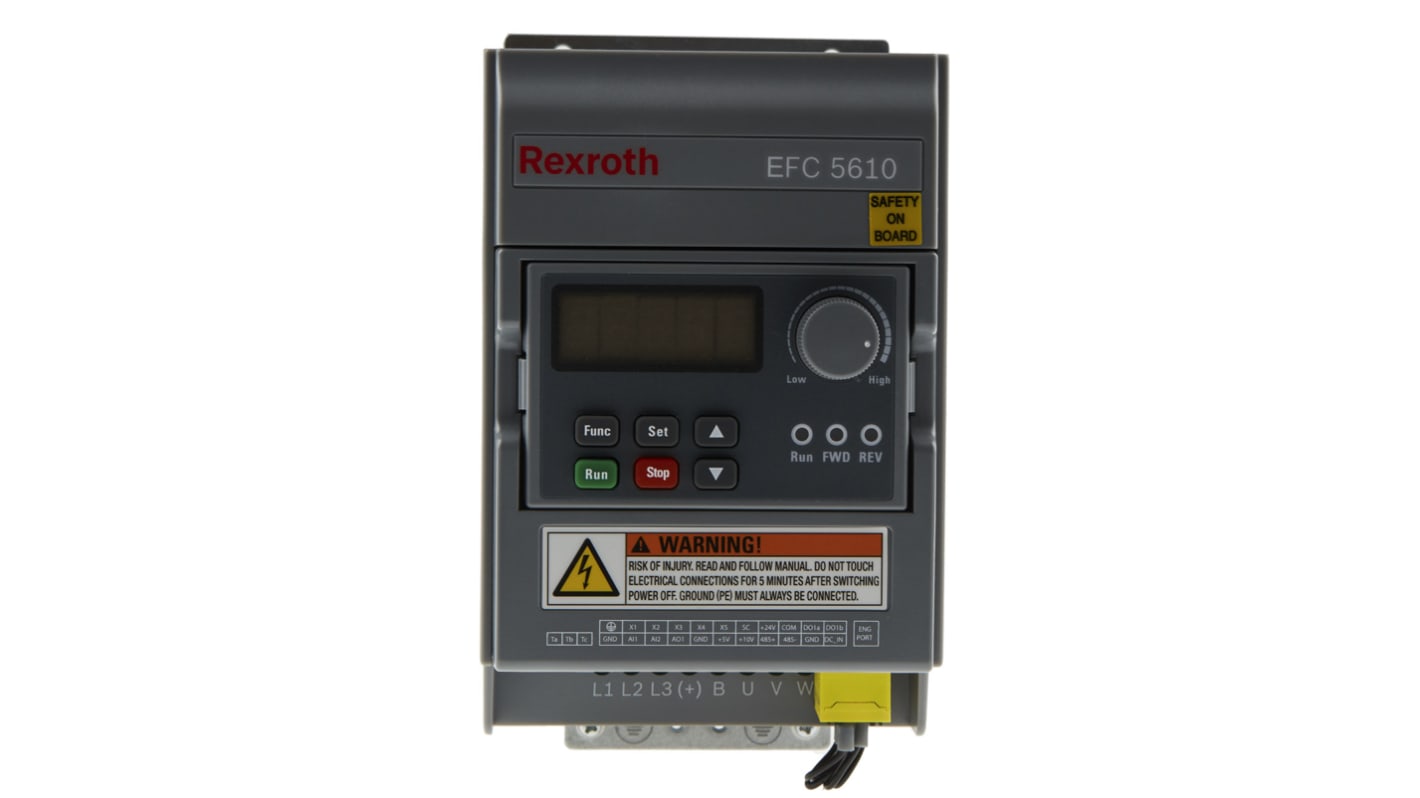 Inverter Bosch Rexroth EFC5610-0K75-1P2-MDA-7P-NNNNN-L1NN, potenza 0,75 kW, montaggio su guida DIN, dimensioni 95x166x167 mm.
