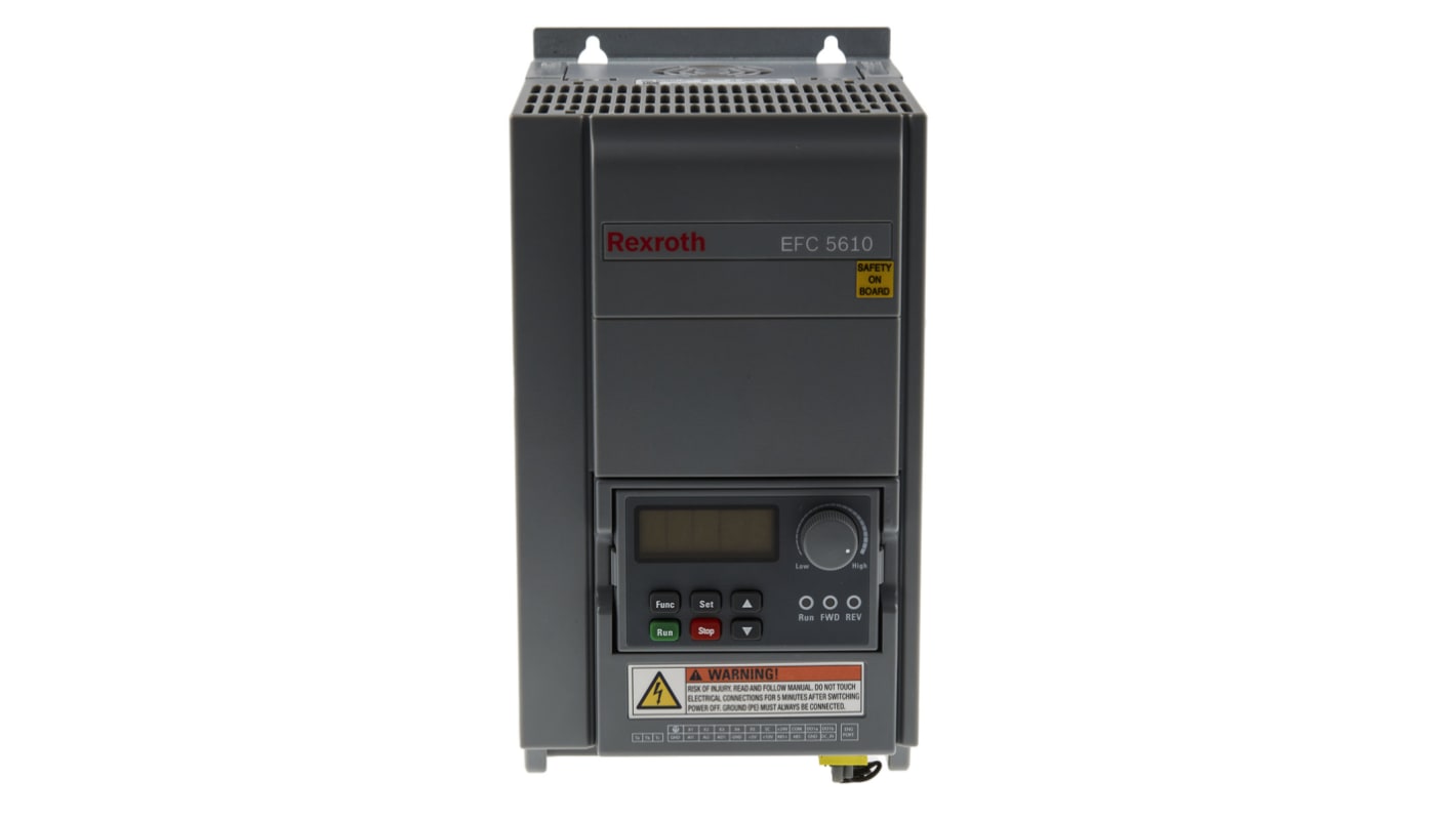 Inverter Bosch Rexroth EFC5610-2K20-1P2-MDA-7P-NNNNN-L1NN, potenza 2,2 kW, montaggio su guida DIN, dimensioni 175x120x231 mm.