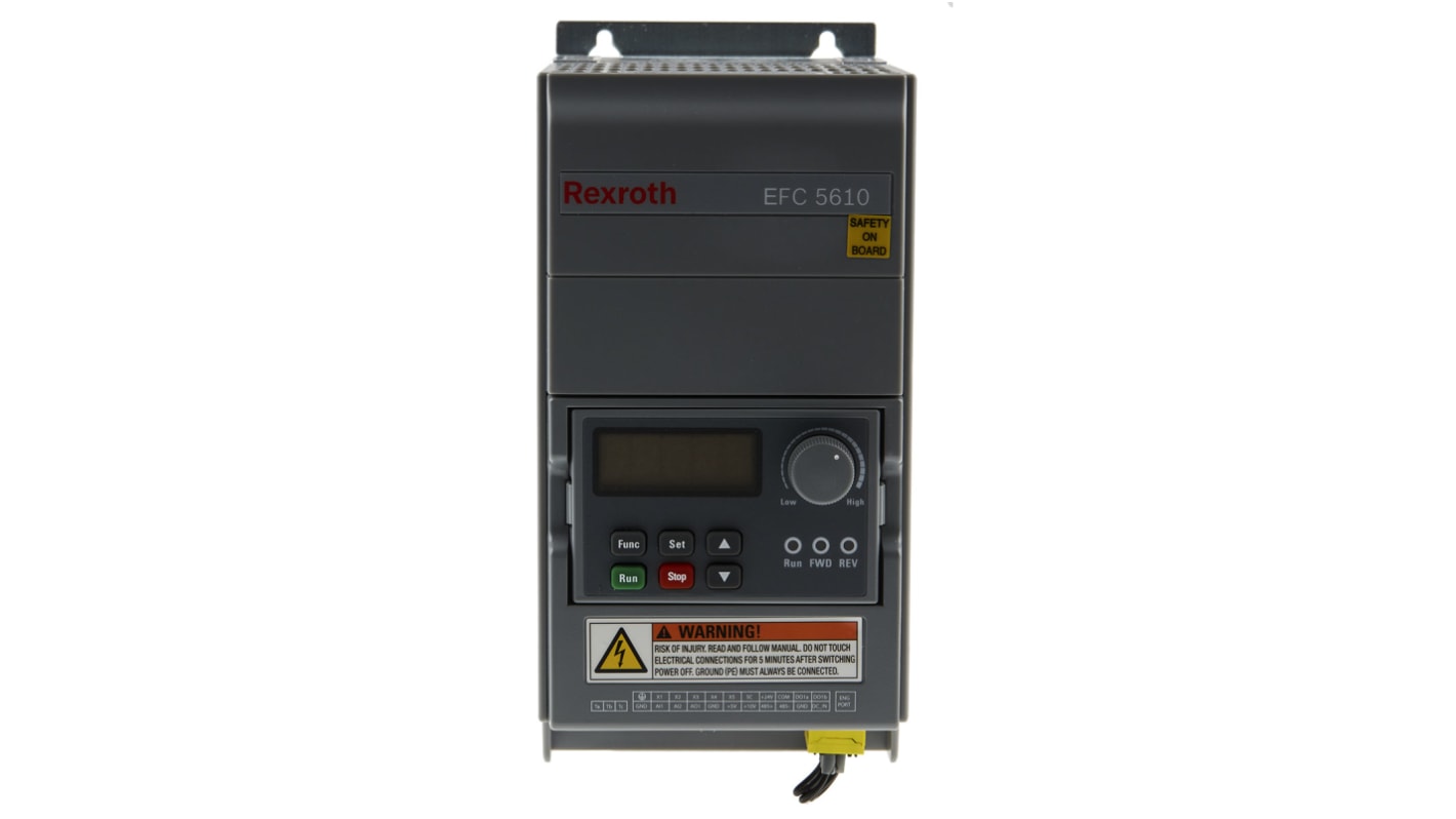 Inverter Bosch Rexroth EFC5610-2K20-3P4-MDA-7P-NNNNN-L1NN, potenza 2,2 kW, montaggio su guida DIN, dimensioni 170x95x206 mm.